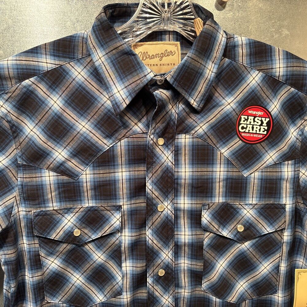 Wrangler Western Pearl Snap Cowboy Long Sleeve Blue/Gray/Black Plaid Shirt S NEW - Picture 14 of 16
